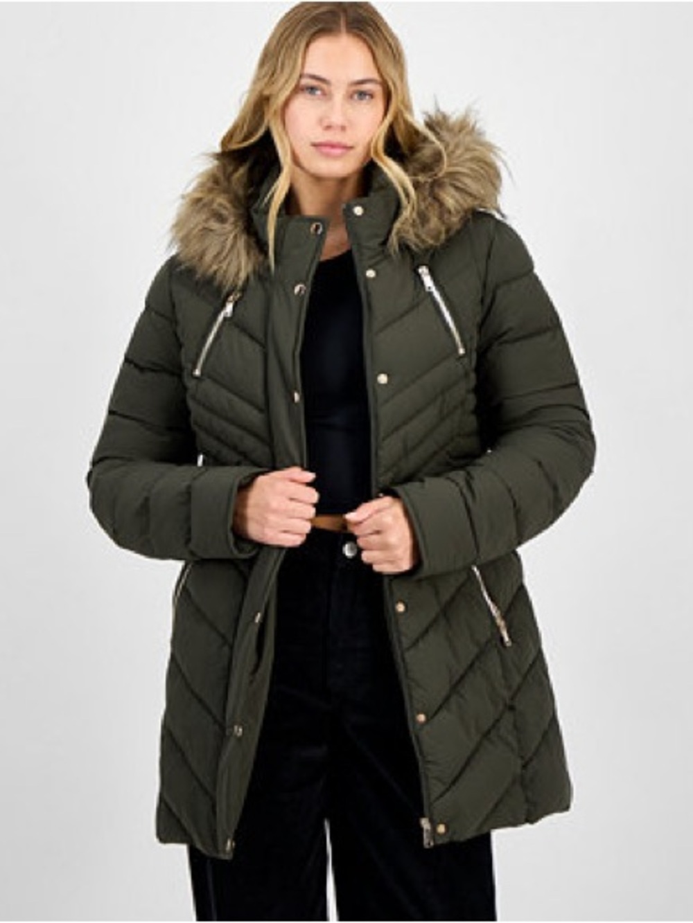 Zara Olive Green Quilted Faux-Fur Hooded Puffer Coat